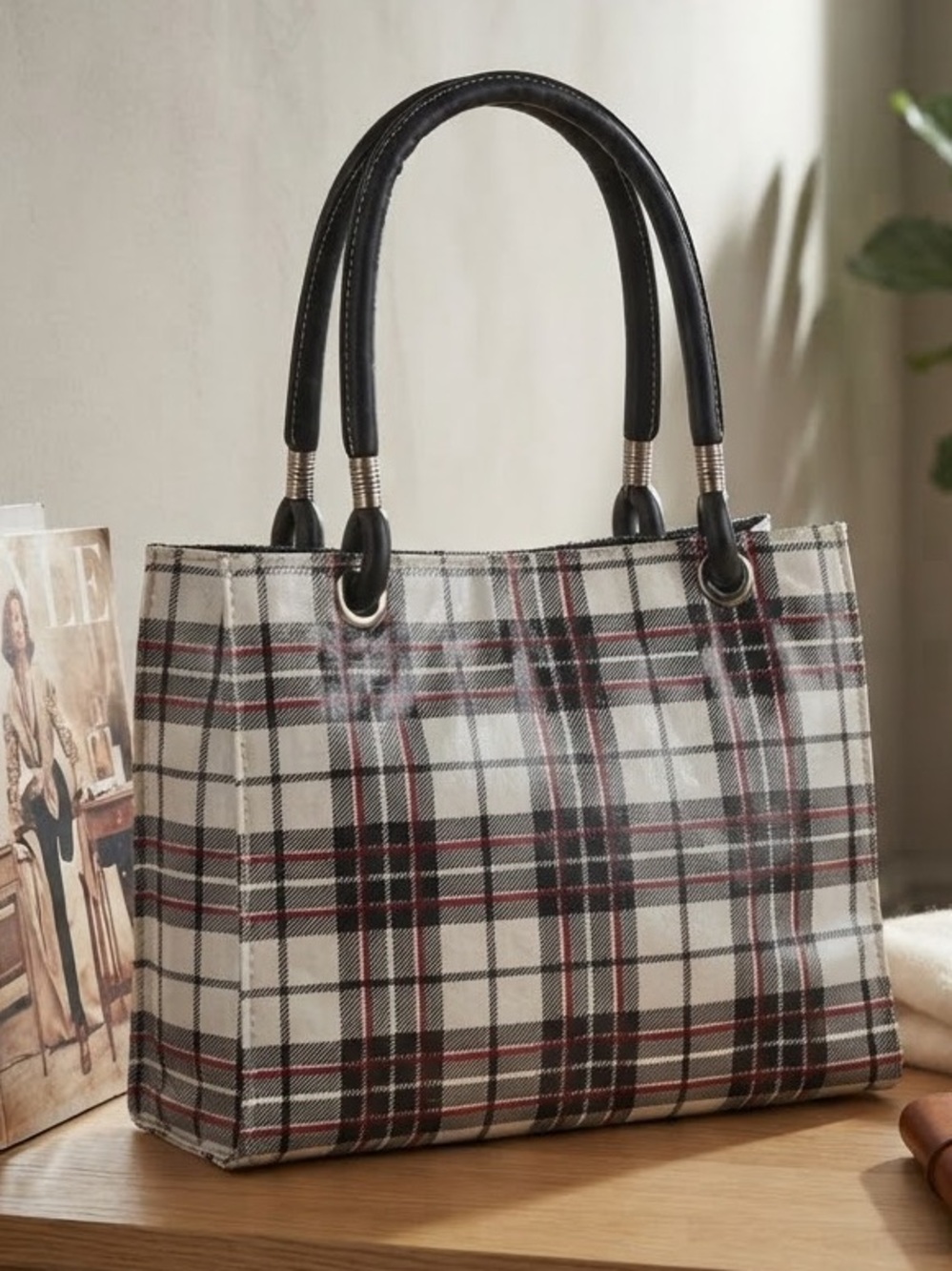 New Waterproof Oilcloth Tote Made by Fleebags plaid